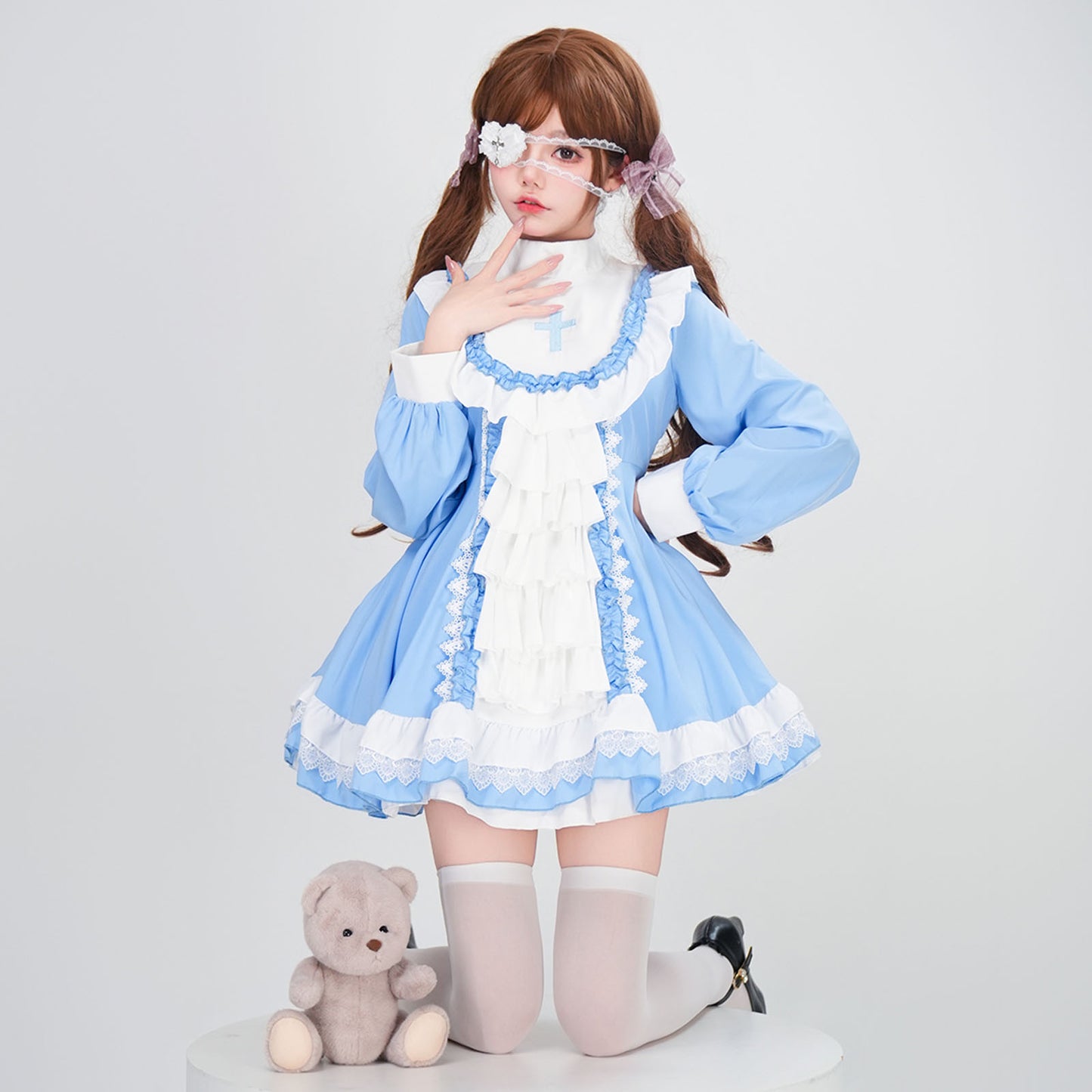 ハロウィン メイドコスチューム 2色 仮装 レディース 眼帯 メイド 黒 水色
