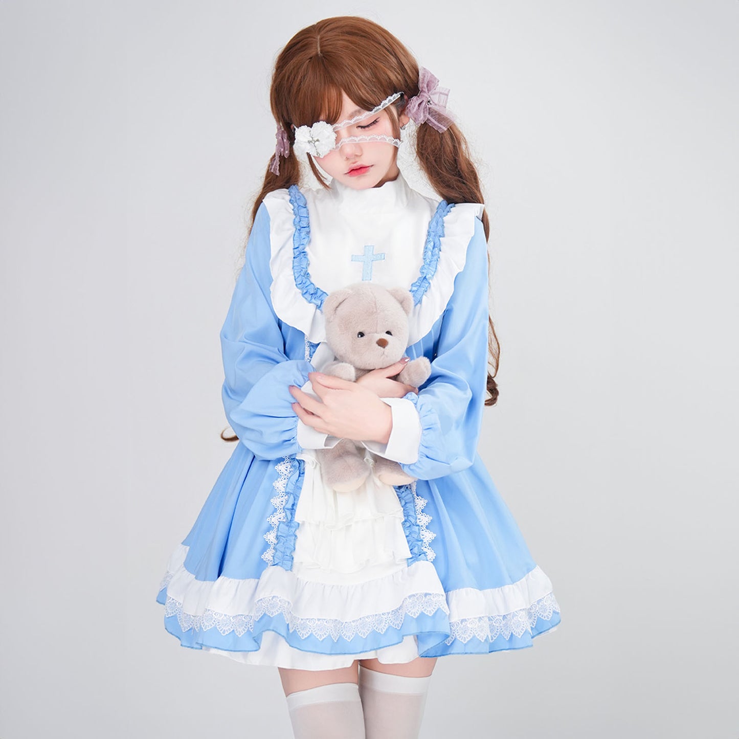 ハロウィン コスプレ 仮装 レディース シスター 眼帯 メイド 黒 水色