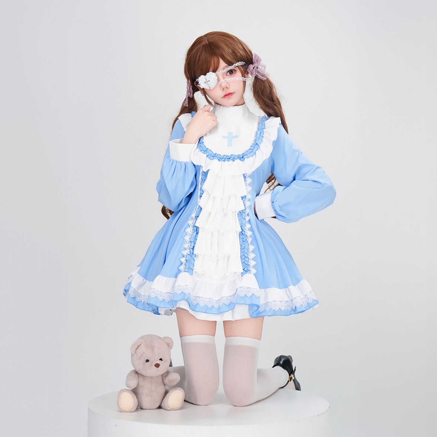 ハロウィン コスプレ 仮装 レディース シスター 眼帯 メイド 黒 水色