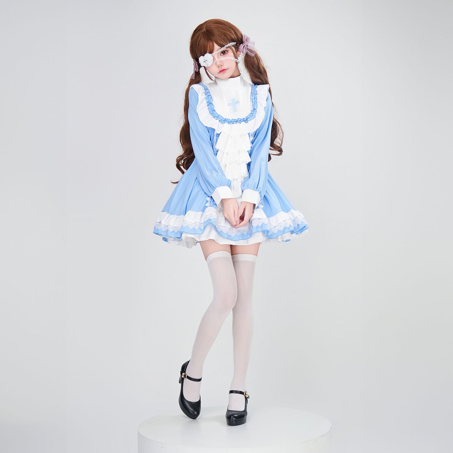 ハロウィン コスプレ 仮装 レディース シスター 眼帯 メイド 黒 水色