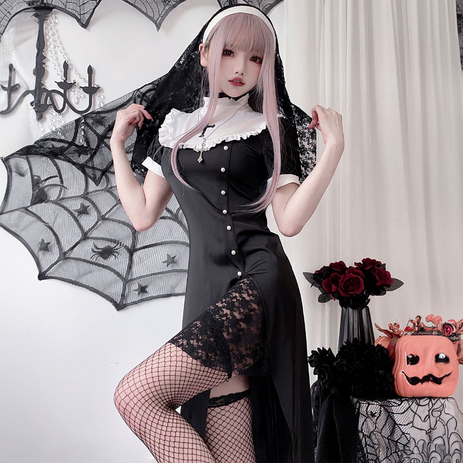 Mサイズ シスター コスプレ 衣装 レディース ハロウィン ワンピース 半袖 スリット レース