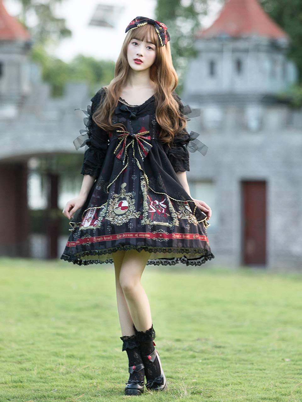 ゴスロリ ロリータ オーガンジー ワンピース 五分丈 コスプレ コスチューム レディース ミディアム