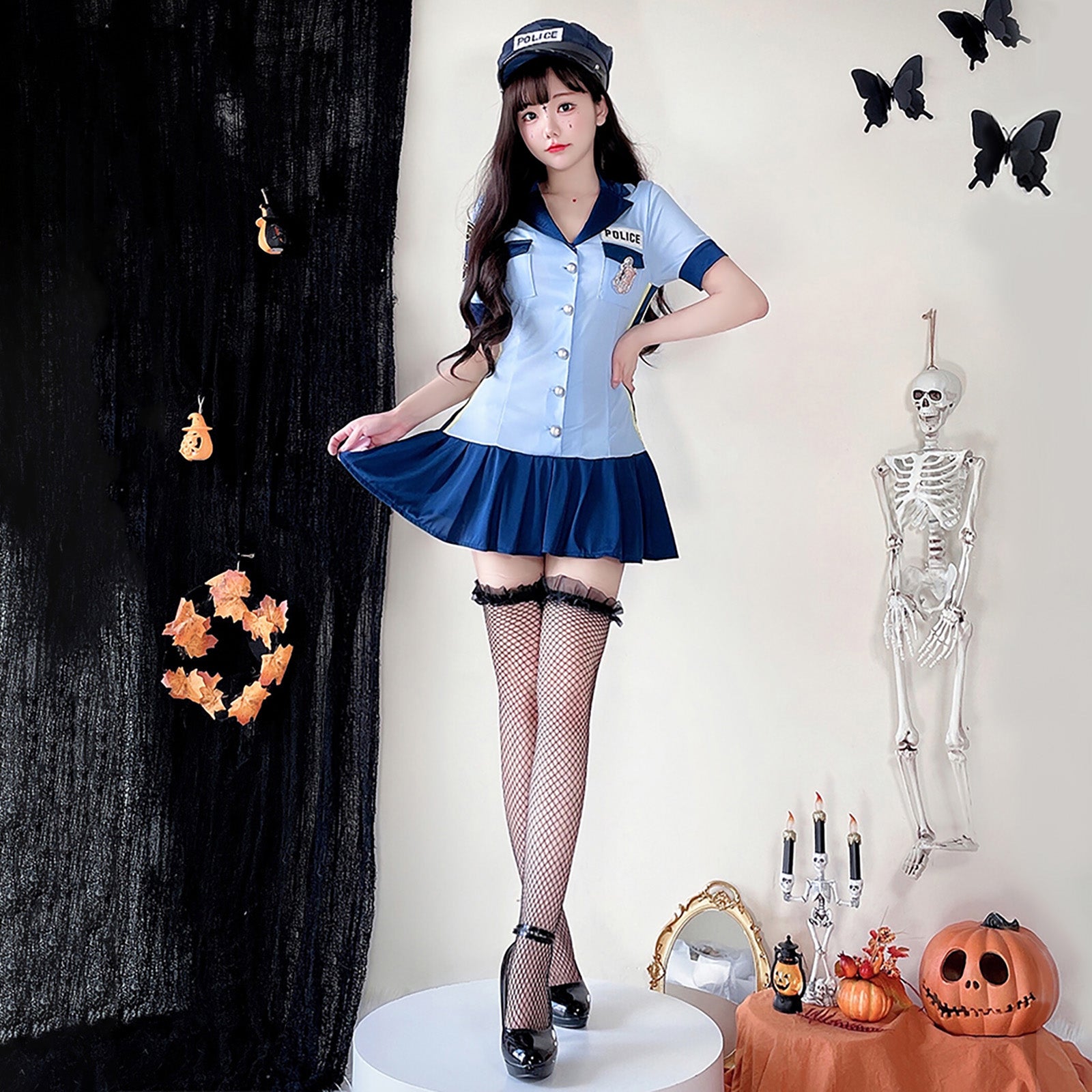 ハロウィン ポリス コスチューム コスプレ 仮装 ワンピース ブラック 警察官 レディース ミニスカート ブルー