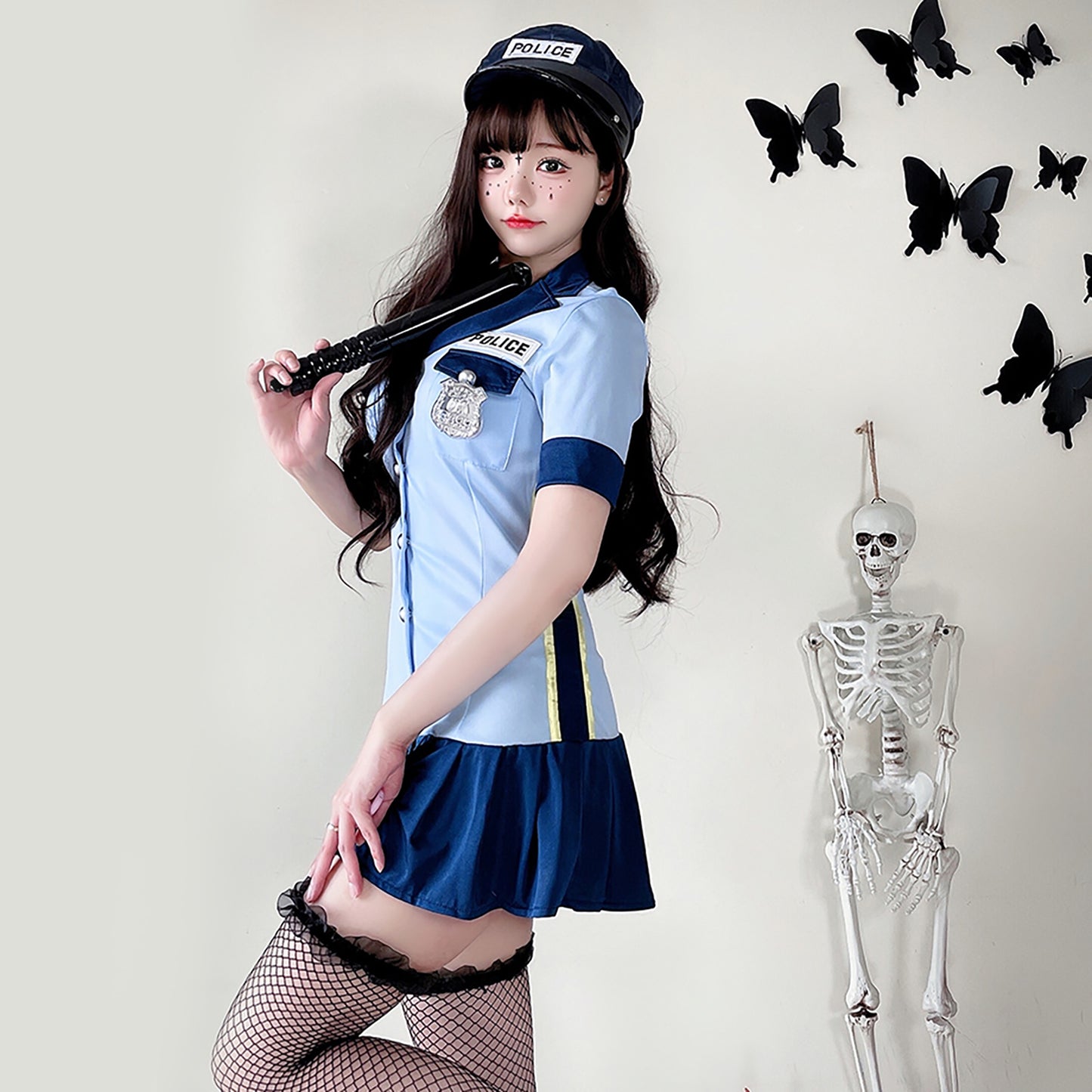 ハロウィン ポリス コスチューム コスプレ 仮装 ワンピース ブラック 警察官 レディース ミニスカート ブルー