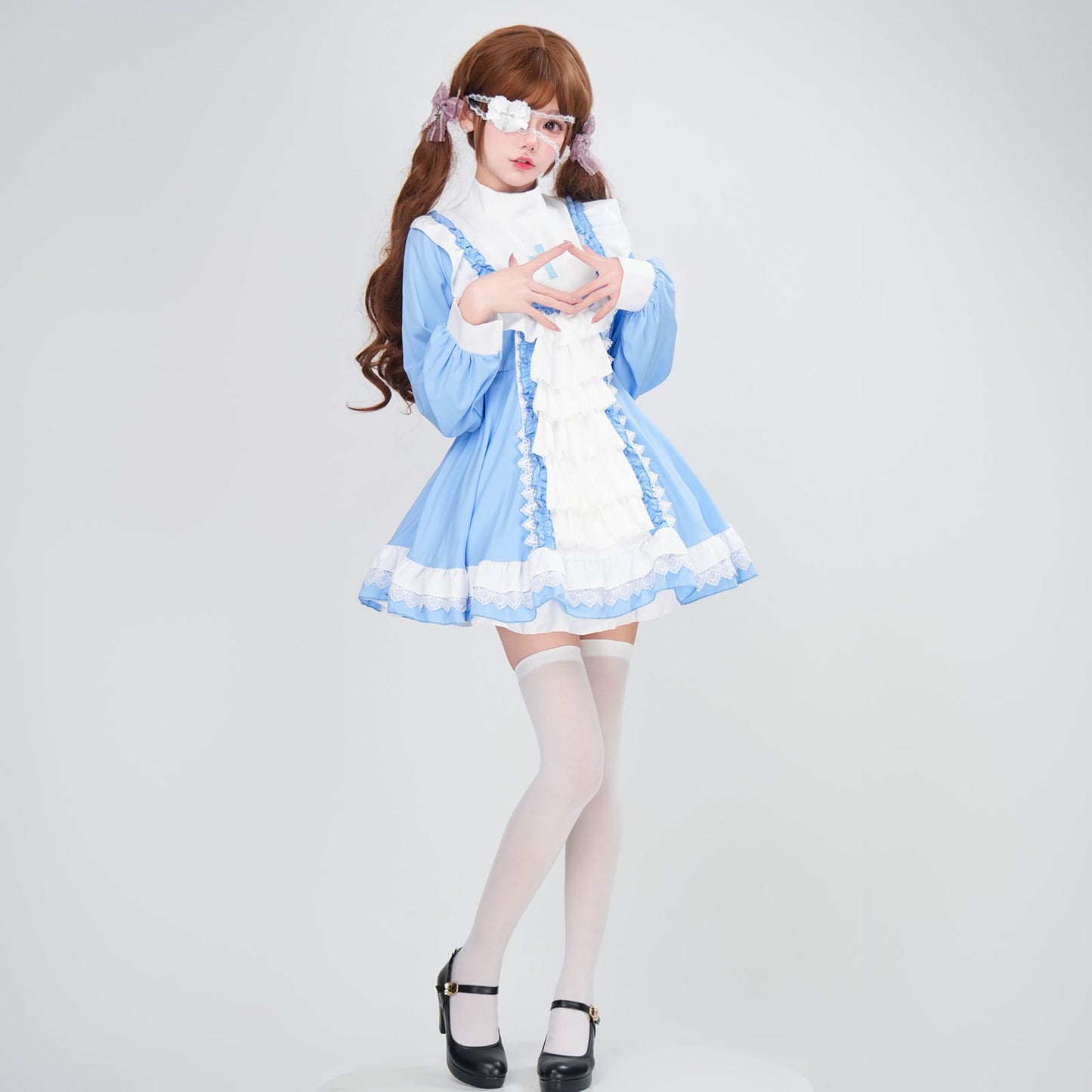 ハロウィン コスプレ 仮装 レディース シスター 眼帯 メイド 黒 水色