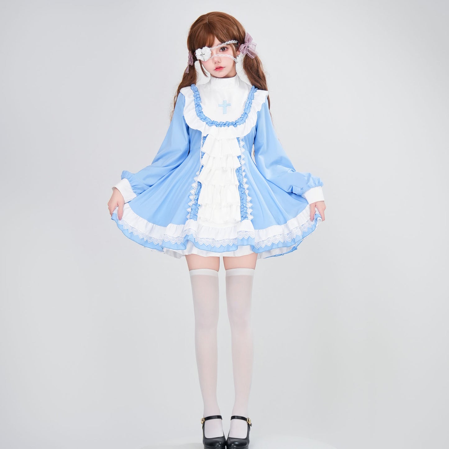 ハロウィン コスプレ 仮装 レディース シスター 眼帯 メイド 黒 水色