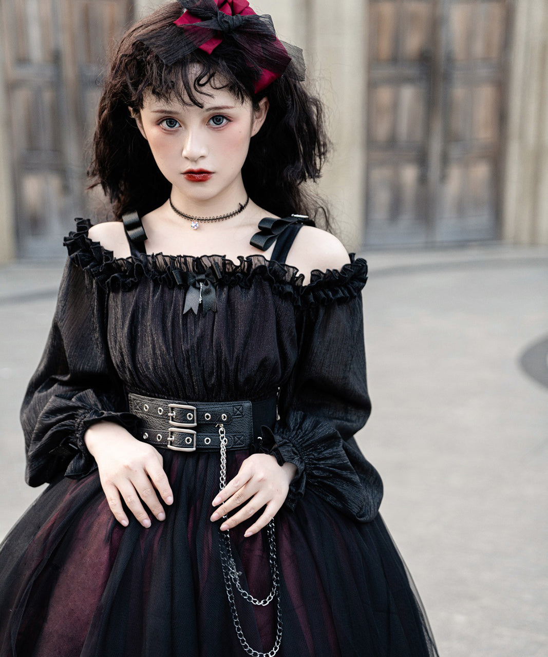 ゴスロリ ロリータ ワンピース ブラック レッド シフォン チェーン