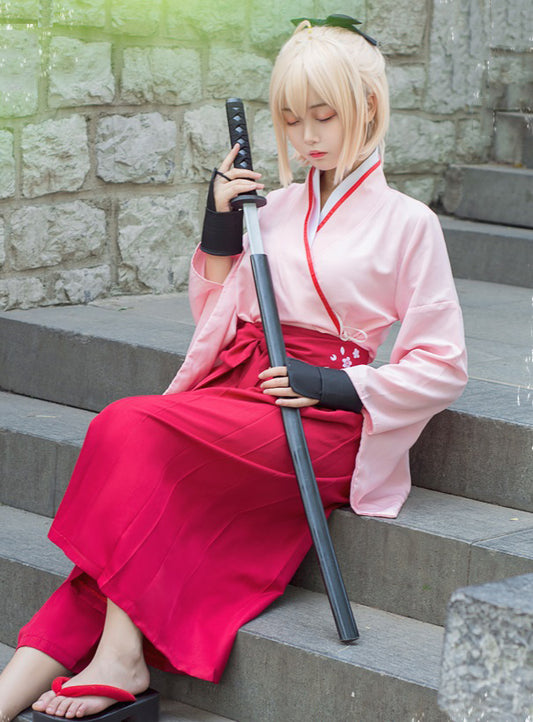 ウィッグ付き 沖田総司 桜セイバー 風 コスプレ 衣装 ピンク 袴