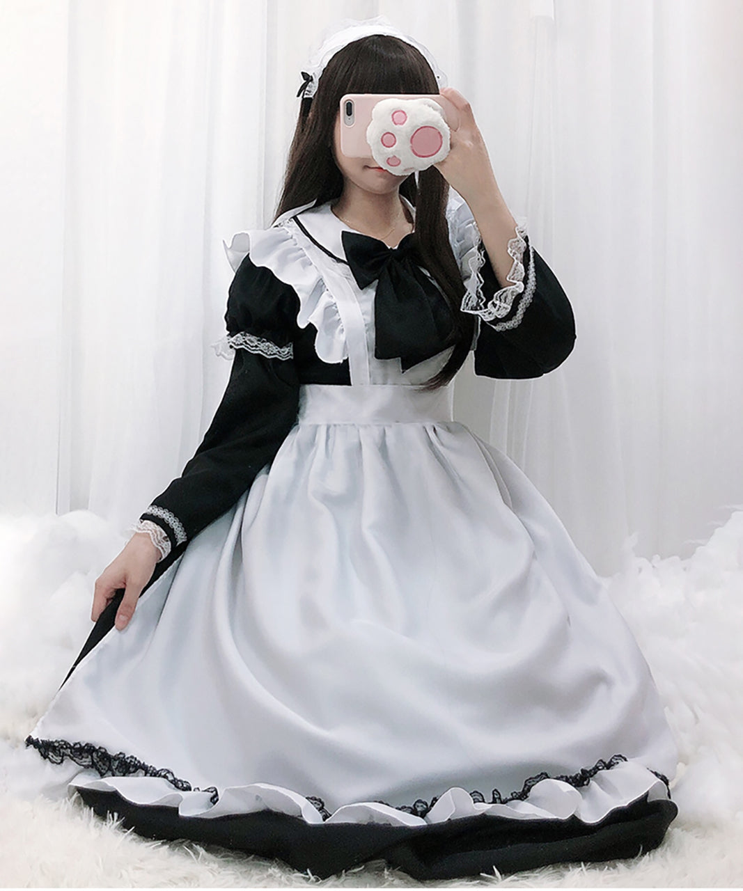 メイド服 ワンピース ロリータ ロング丈 エプロン 長袖 半袖 2way