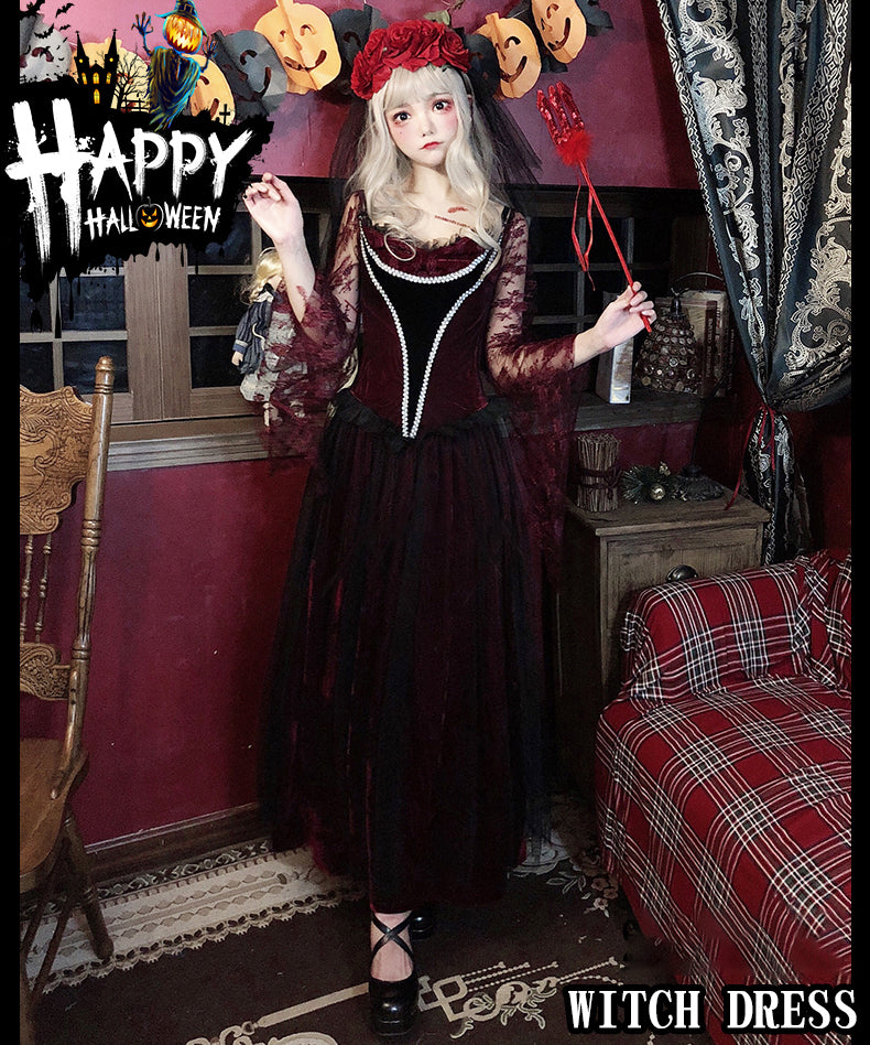 薔薇ヴェール付き ゴースト ヴァンパイア 風 コスプレ ハロウィン 衣装 ワインレッド