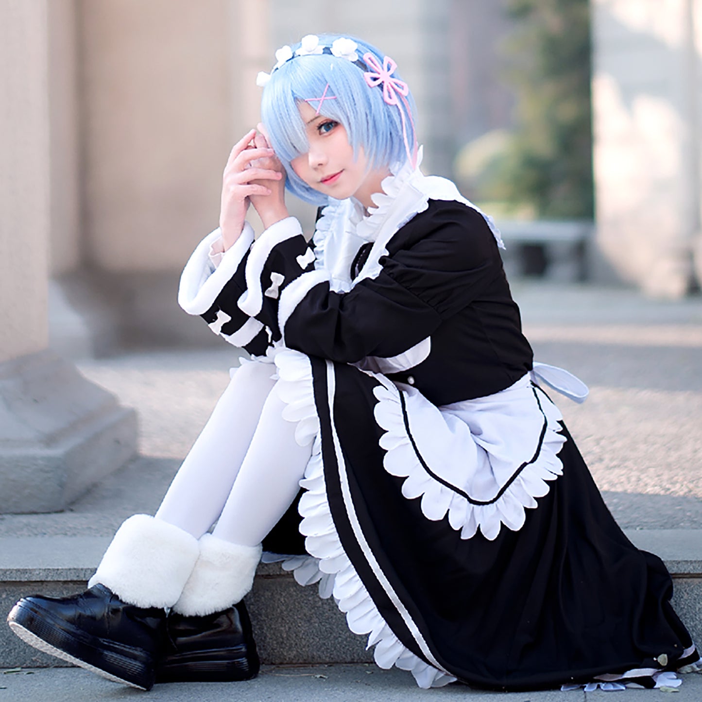 リゼロ Re:ゼロから始める異世界生活 レム・ラム メイド服 衣装 長袖 ウィッグ付き★