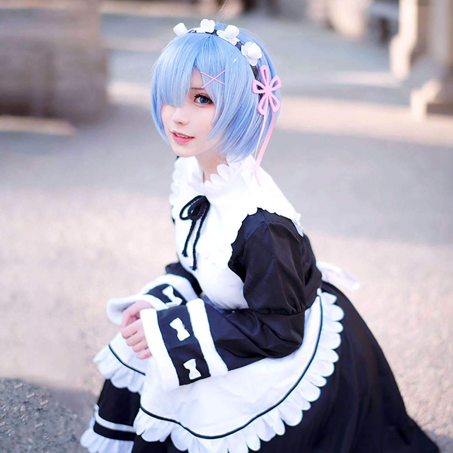リゼロ Re:ゼロから始める異世界生活 レム・ラム メイド服 衣装 長袖 ウィッグ付き★