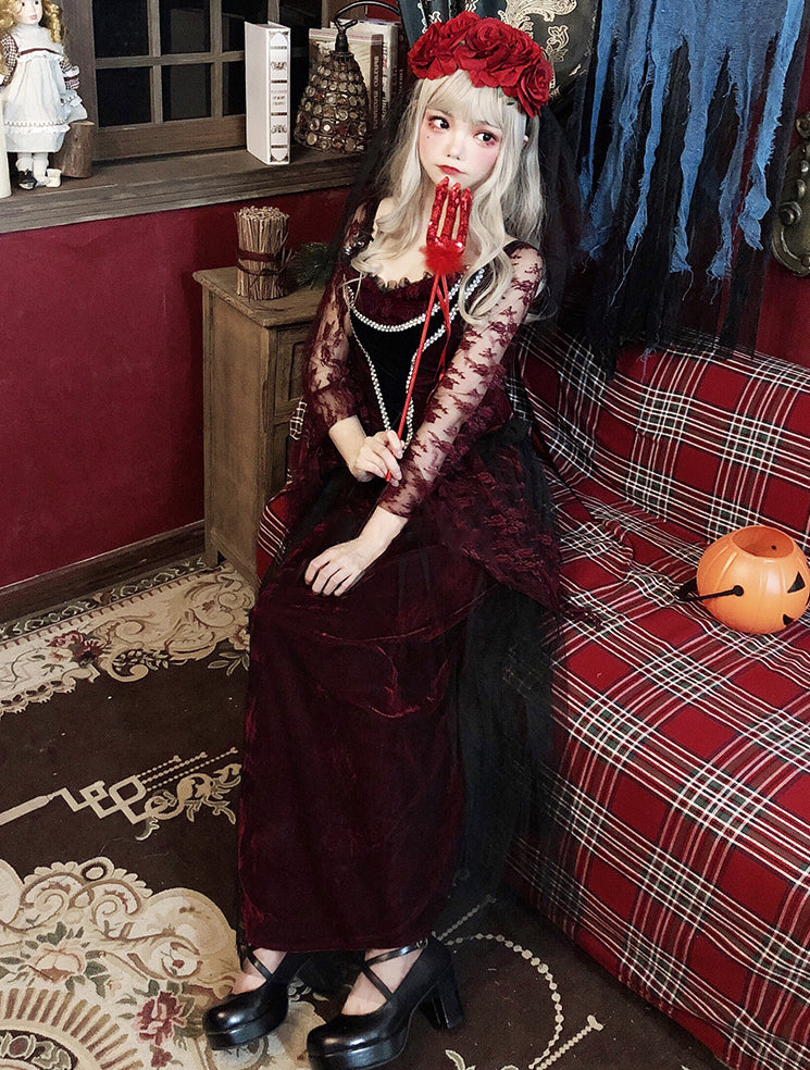 薔薇ヴェール付き ゴースト ヴァンパイア 風 コスプレ ハロウィン 衣装 ワインレッド