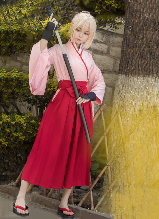 ウィッグ付き 沖田総司 桜セイバー 風 コスプレ 衣装 ピンク 袴