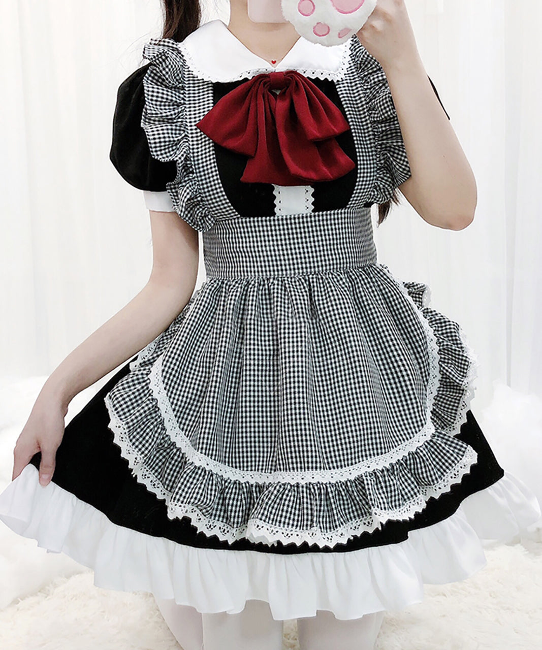メイド服 ロリータ ワンピース 赤リボン フリル エプロン ギンガムチェック