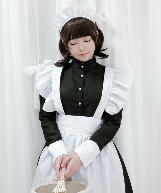 メイド服 ワンピース ロリータ クラシカル エプロン モノクロ ロング丈
