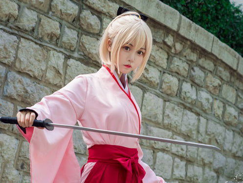 ウィッグ付き 沖田総司 桜セイバー 風 コスプレ 衣装 ピンク 袴