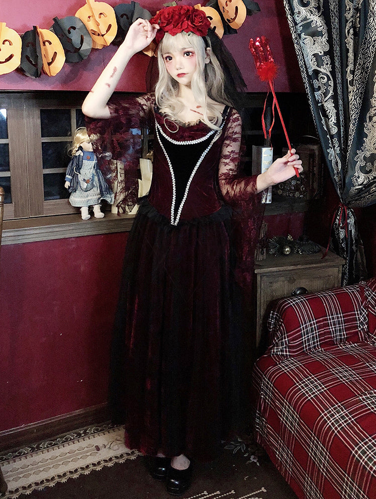薔薇ヴェール付き ゴースト ヴァンパイア 風 コスプレ ハロウィン 衣装 ワインレッド