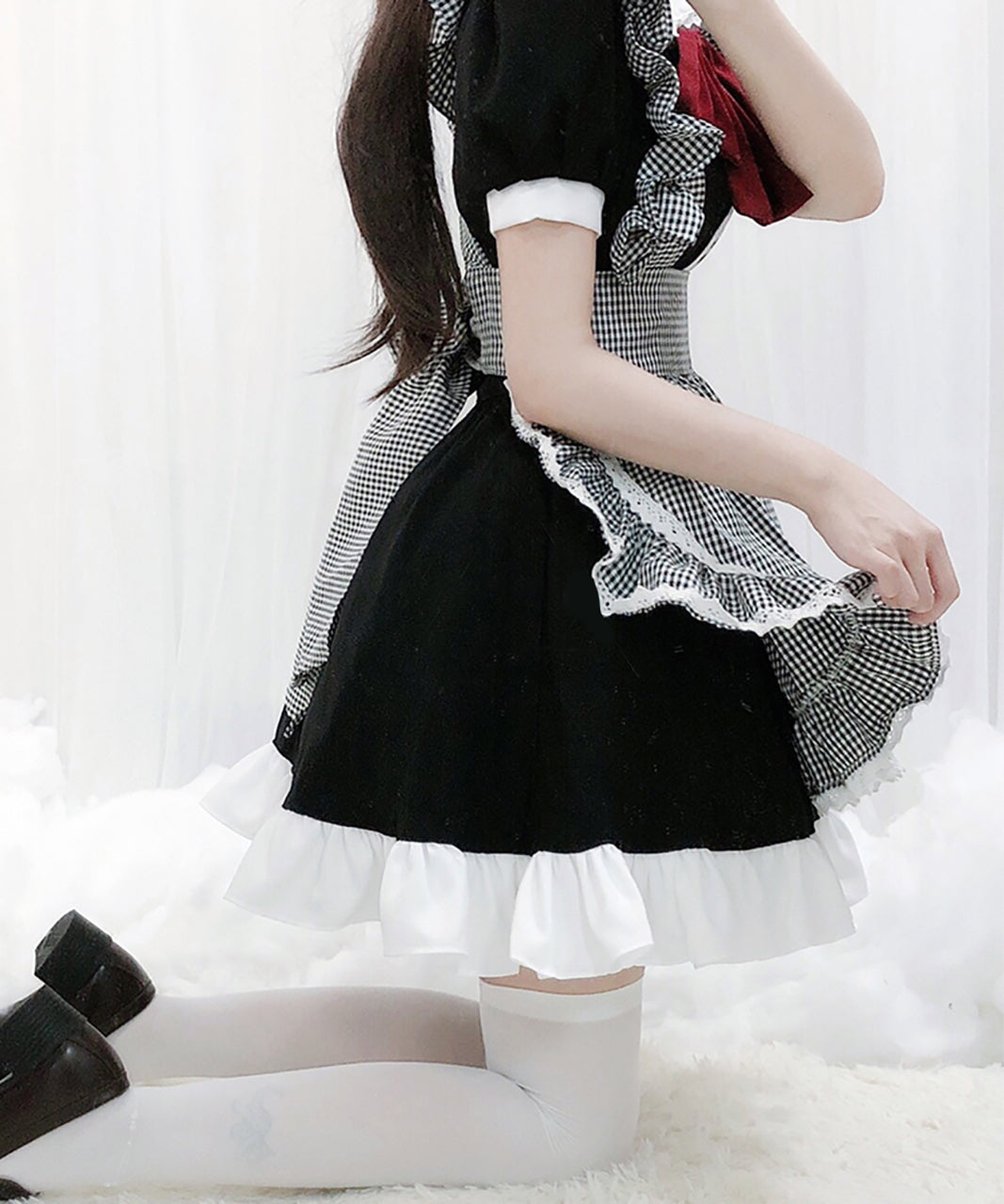 メイド服 ロリータ ワンピース 赤リボン フリル エプロン ギンガムチェック