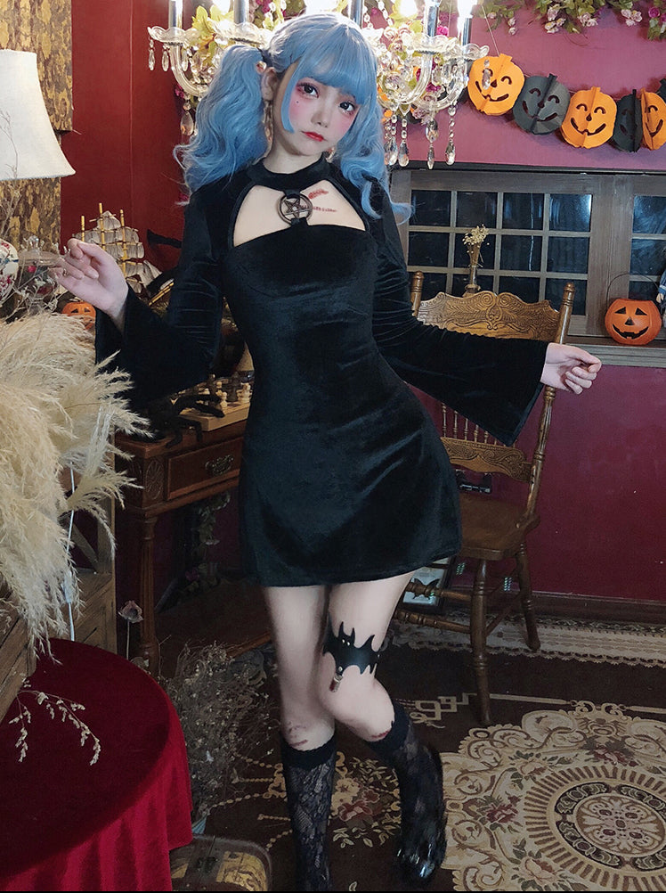 コウモリ 吸血鬼 ゴシック 風 六芒星 セクシーワンピース コスプレ ハロウィン 衣装