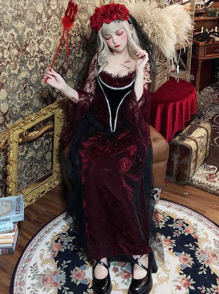 薔薇ヴェール付き ゴースト ヴァンパイア 風 コスプレ ハロウィン 衣装 ワインレッド