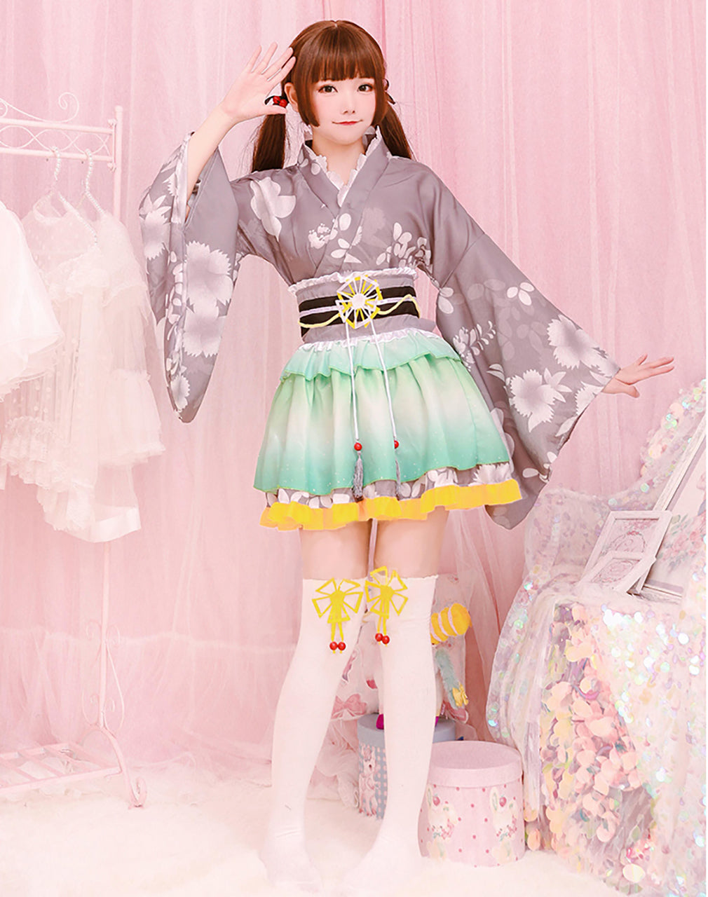 浴衣 ミニ 花柄和風衣装 コスプレ ミニスカ ショート丈 ショートドレス ピンク パープル グリーン ブルー