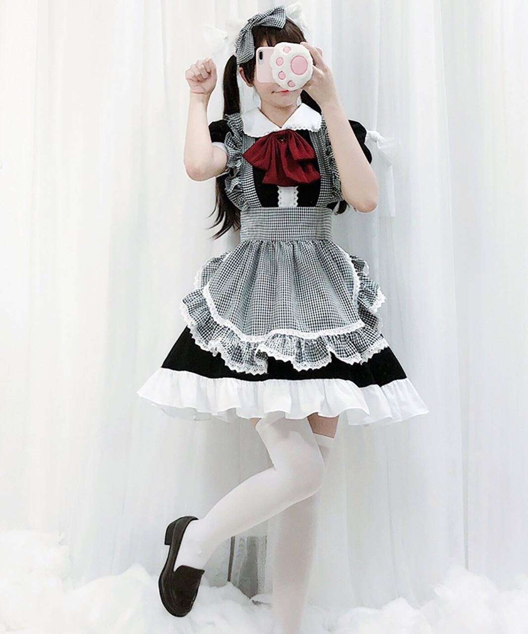 メイド服 ロリータ ワンピース 赤リボン フリル エプロン ギンガムチェック