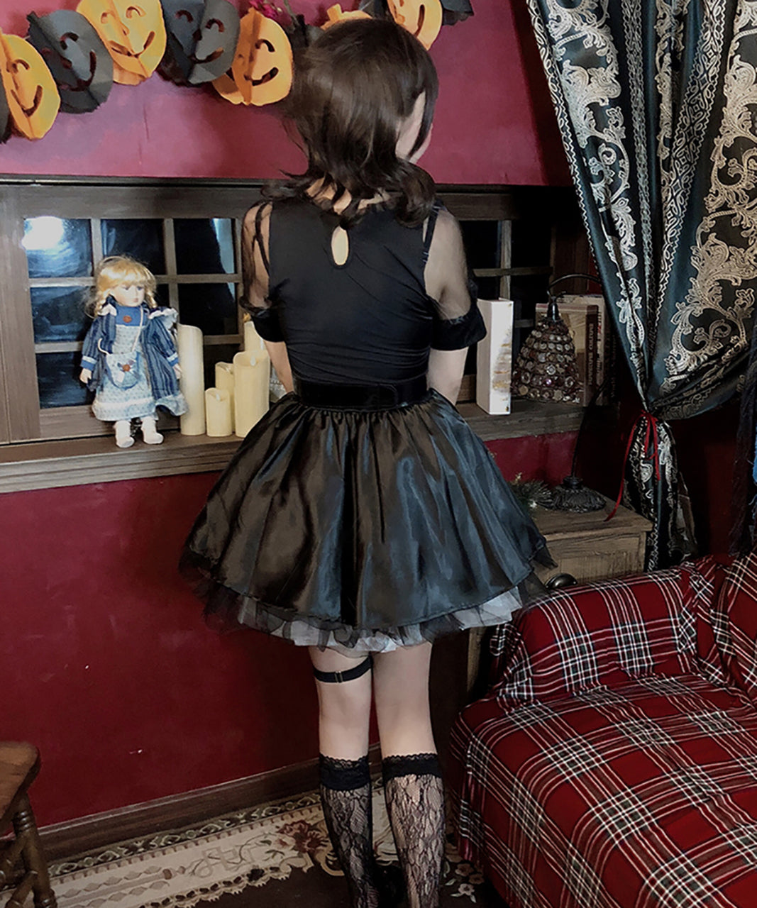 魔女 コスプレ ワンピース 背面デザイン シースルースリーブ Mサイズ