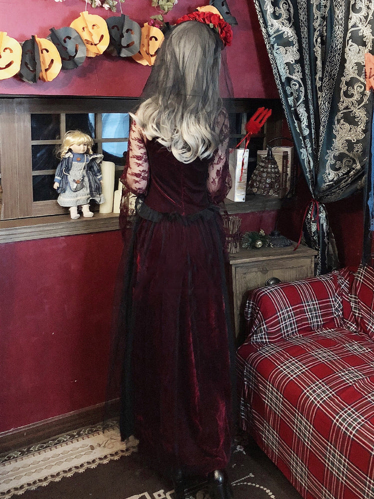 薔薇ヴェール付き ゴースト ヴァンパイア 風 コスプレ ハロウィン 衣装 ワインレッド