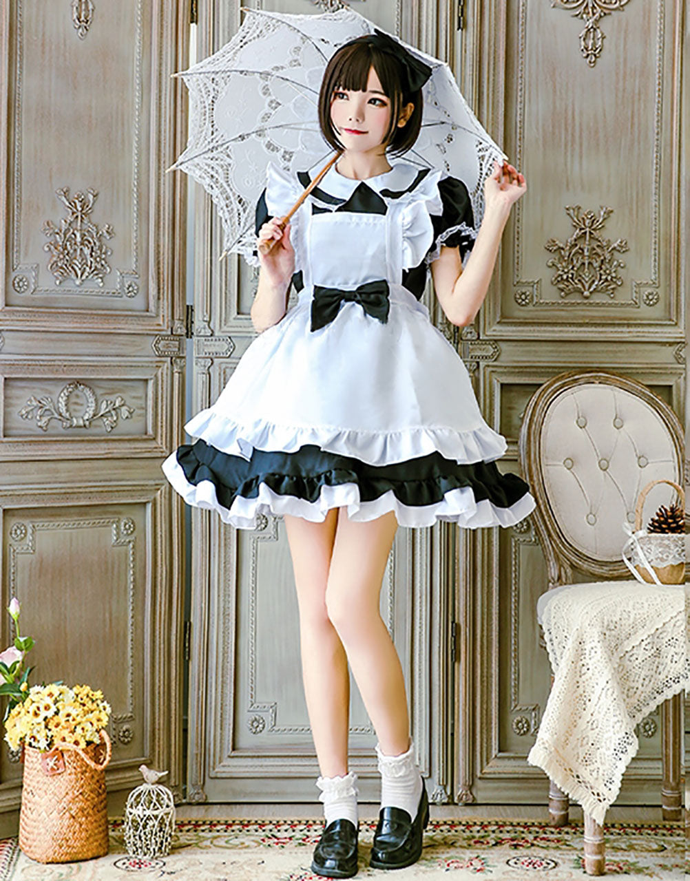 メイド服 コスプレ 半袖 長袖 2way仕様 ピンク ブルー ブラック