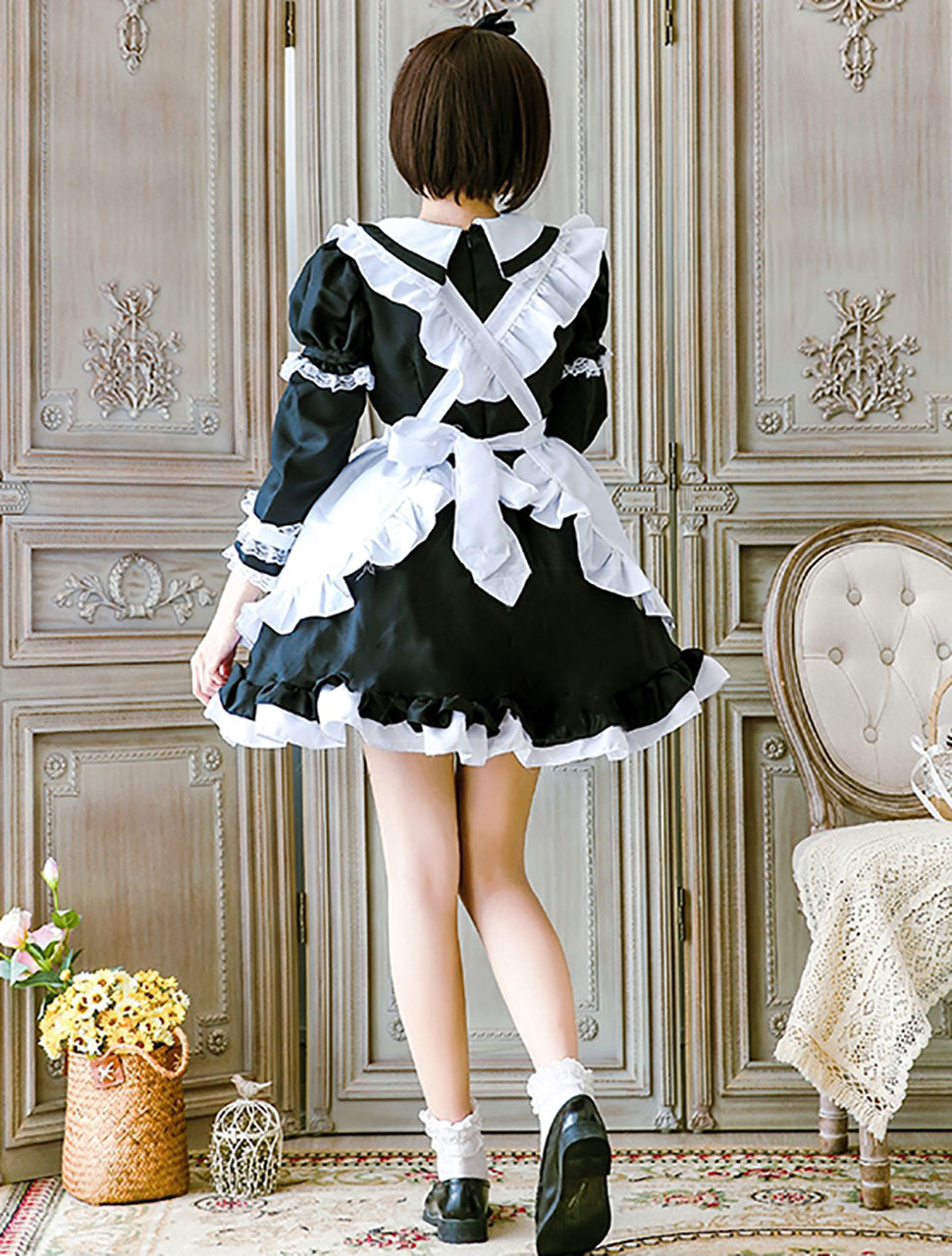 メイド服 コスプレ 半袖 長袖 2way仕様 ピンク ブルー ブラック