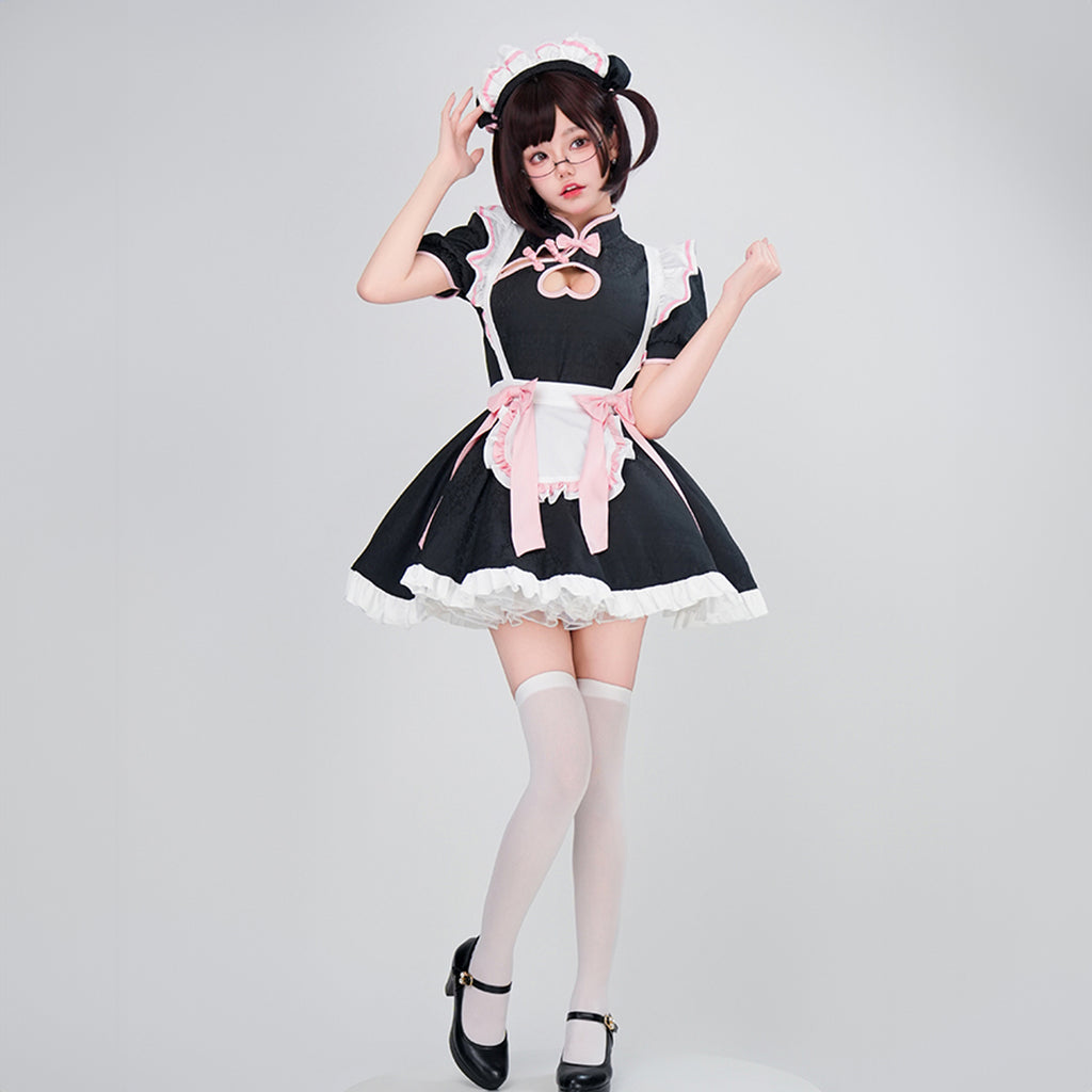 チャイナ風メイドコスチューム カチューシャ リボン 髪飾り付き