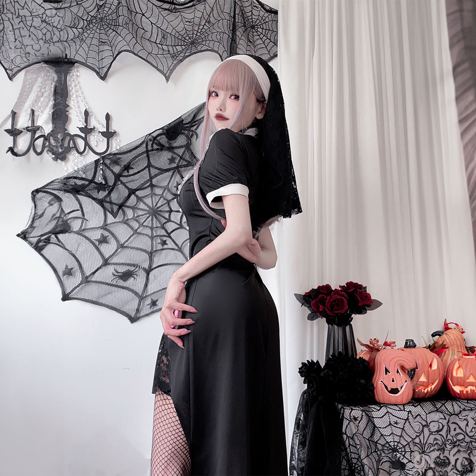 シスター コスプレ 衣装 レディース ハロウィン ワンピース 半袖 スリット レース セクシー 即納