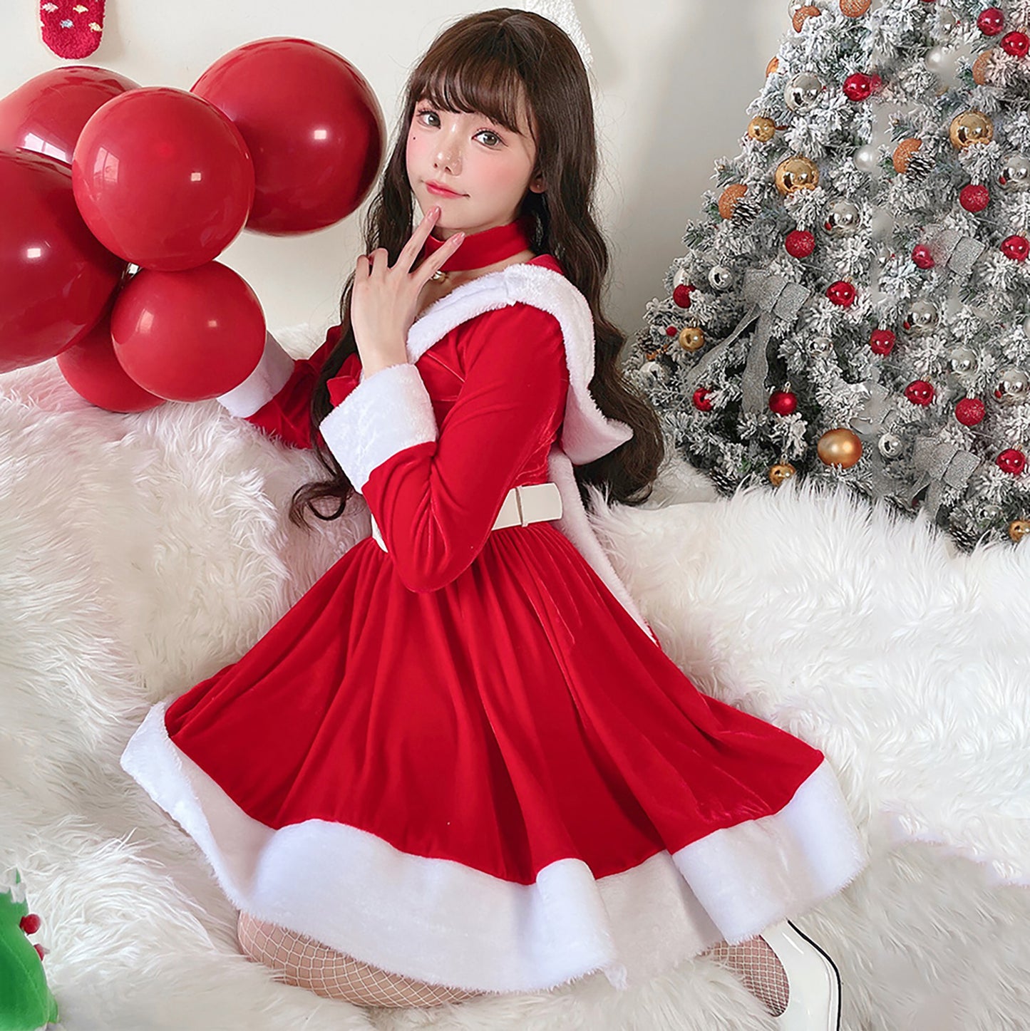 クリスマス サンタ コスプレ ワンピース レディース 長袖 Vネック うさ耳付き Mサイズ 衣装セット