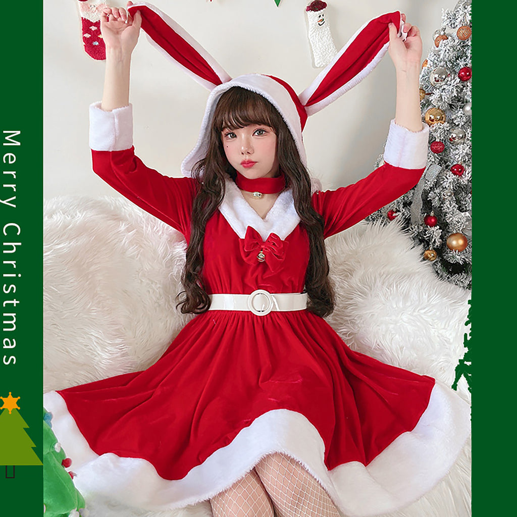 クリスマス サンタ コスプレ ワンピース レディース 長袖 Vネック うさ耳付き Mサイズ 衣装セット