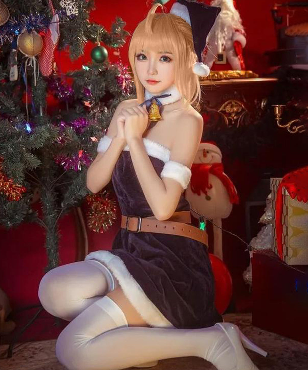 Fate Grand Order セイバー（アルトリア）のサンタ衣装コスプレ 全身像 ウィッグ、帽子、ベルト付き