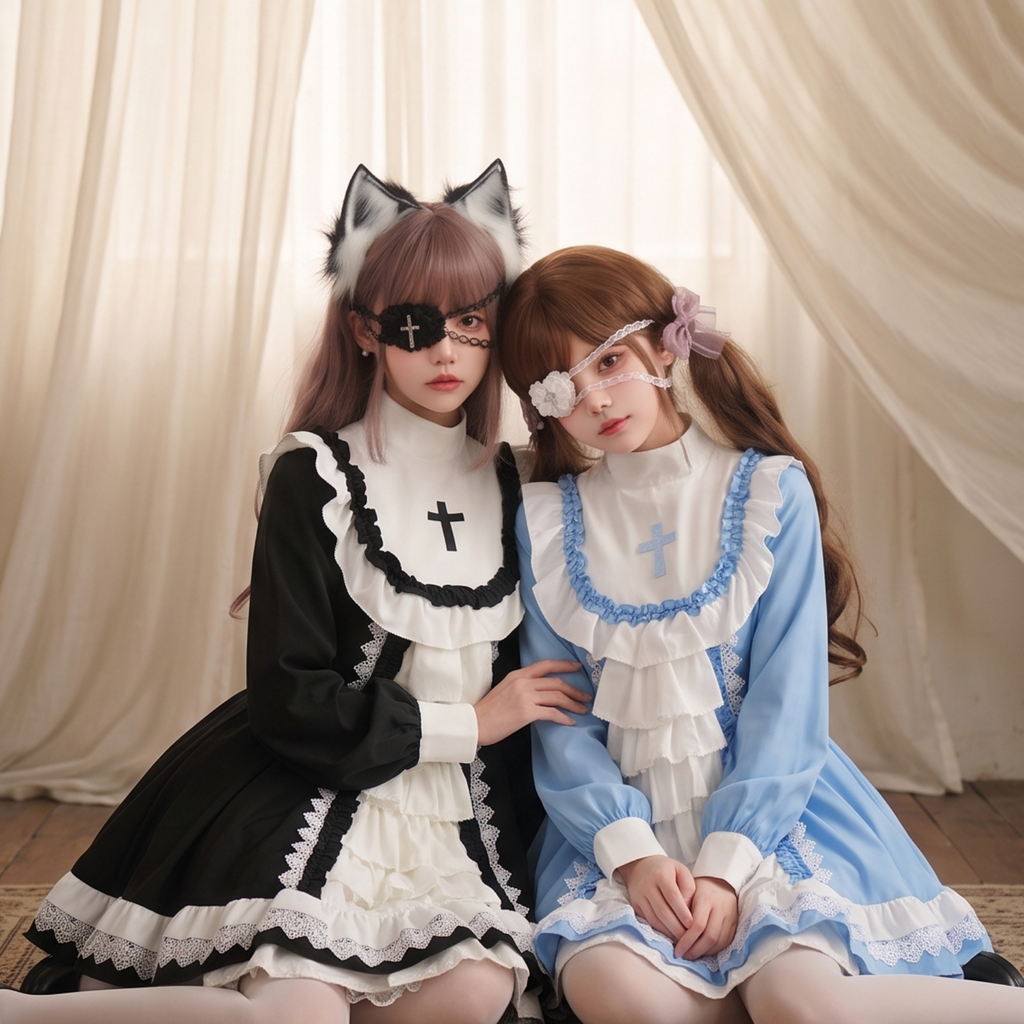 眼帯メイド コスプレ衣装 黒 水色 レディース ゴシック ハロウィン