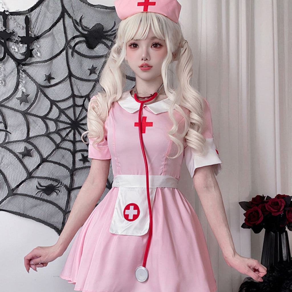 ナース コスプレ ハロウィン レディース ピンク ワンピース 着用画像