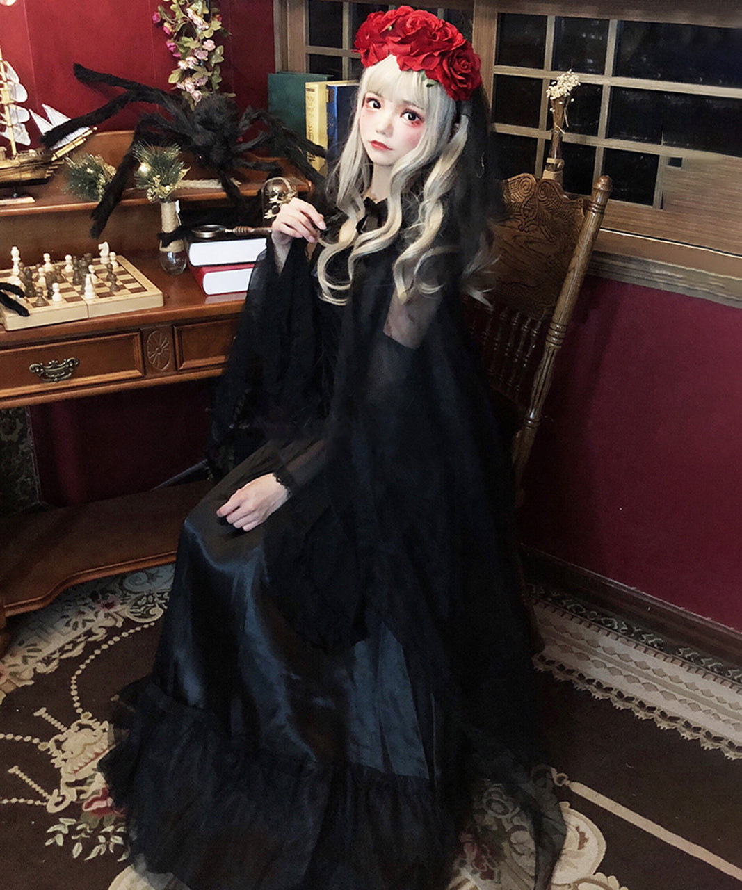 ハロウィン衣装 仮装 ゴースト 花嫁 ロングドレス 薔薇のヴェール付き 黒