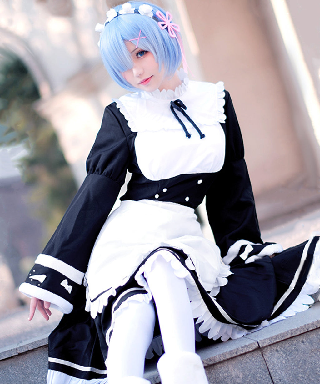 レム コスプレ衣装 長袖メイド服 ウィッグ付き