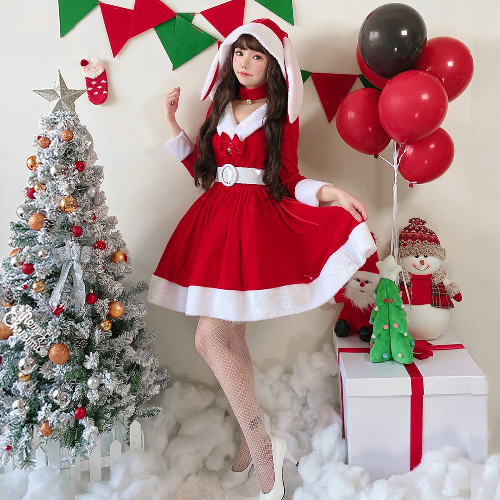 クリスマス サンタ コスプレ ワンピース レディース 長袖 Vネック うさ耳付き Mサイズ 衣装セット