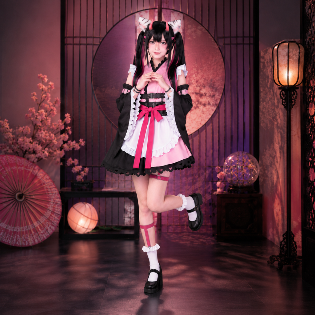 超かぐや姫!  駒沢乃依 ブラックオニキス 衣装 ウィッグセット 地雷系 和風 メイド コスプレ