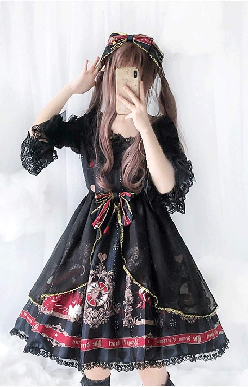 ゴスロリ ロリータ オーガンジー ワンピース 五分丈 コスプレ コスチューム レディース ミディアム