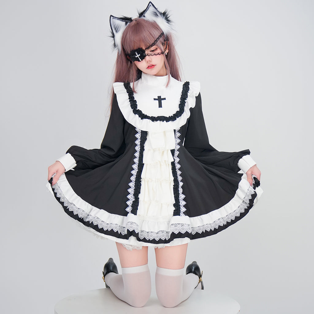 ハロウィン メイドコスチューム ２色 仮装 レディース 眼帯 メイド 黒 水色