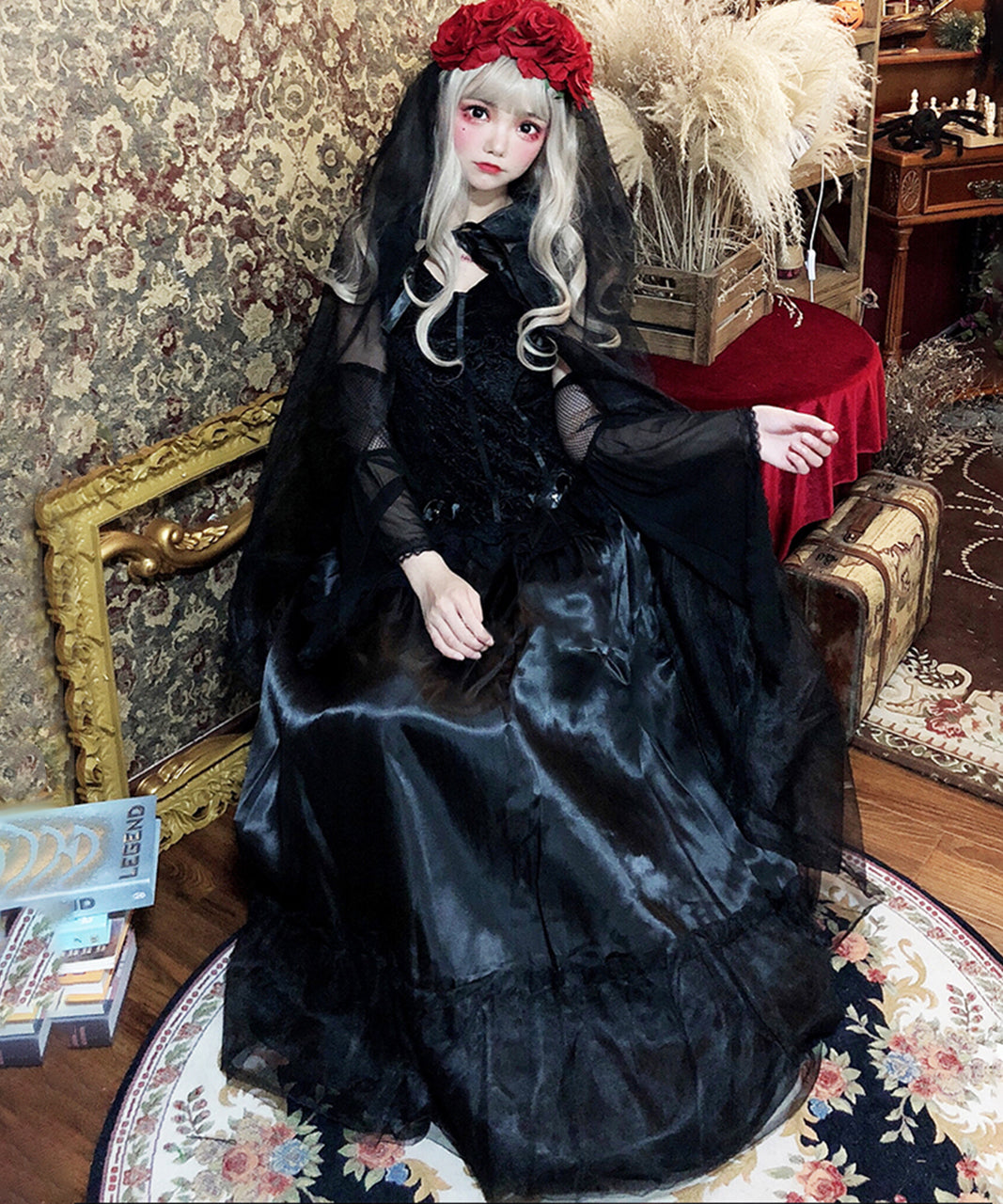 ハロウィン衣装 仮装 ゴースト 花嫁 ロングドレス 薔薇のヴェール付き 黒