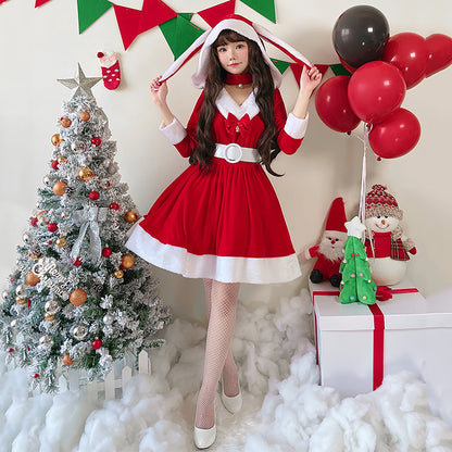 クリスマス サンタ コスプレ ワンピース レディース 長袖 Vネック うさ耳付き Mサイズ 衣装セット