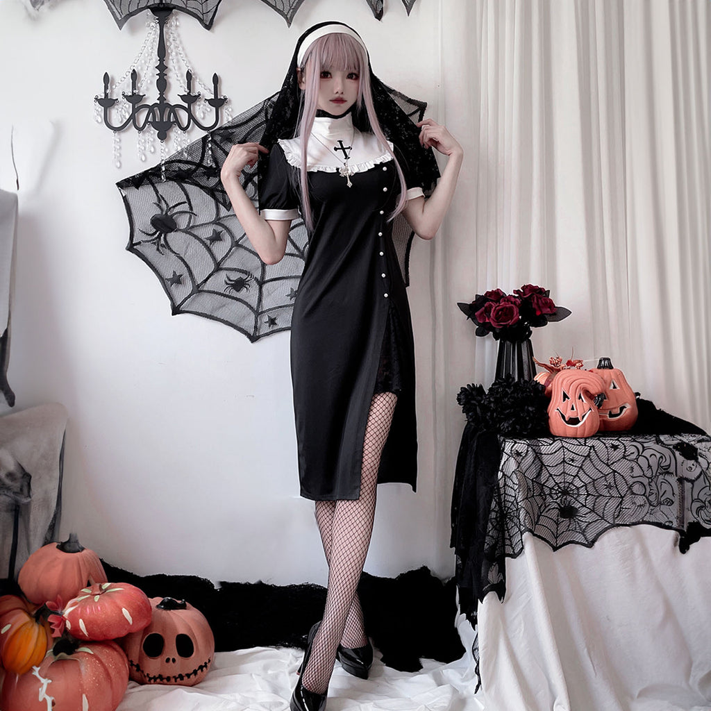 Mサイズ シスター コスプレ 衣装 レディース ハロウィン ワンピース 半袖 スリット レース