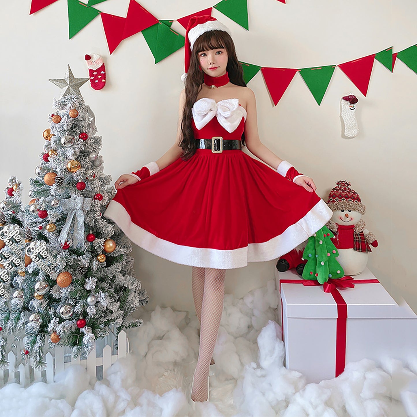 サンタ服 胸元リボン ワンピースドレス 衣装 クリスマス コスプレ レディース