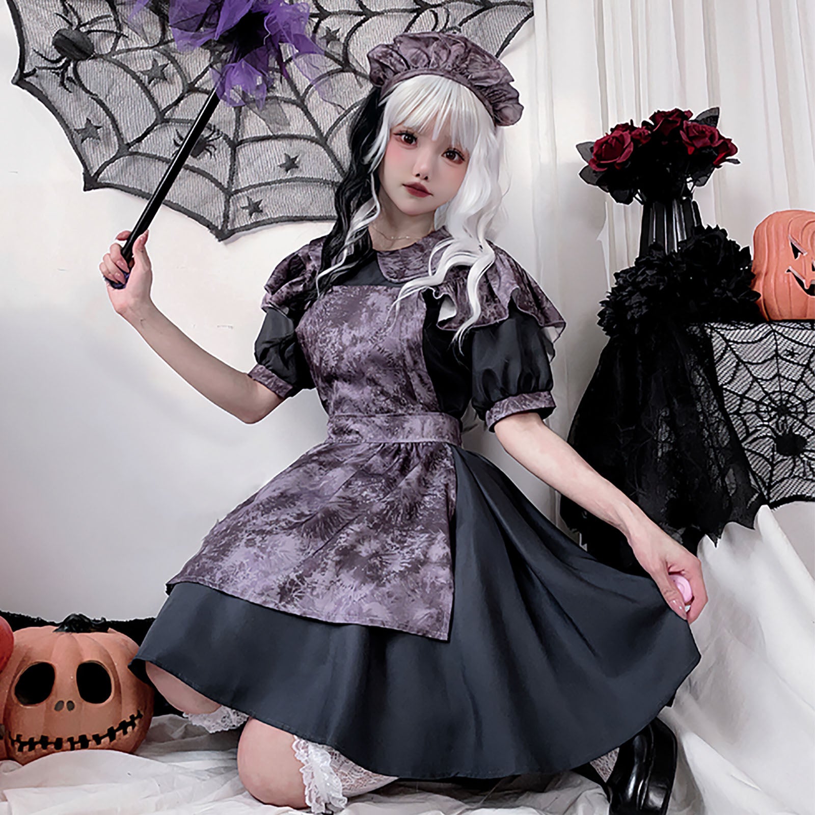 ハロウィン ダークメイド コスプレ ワンピース レディース フルセット 着用画像