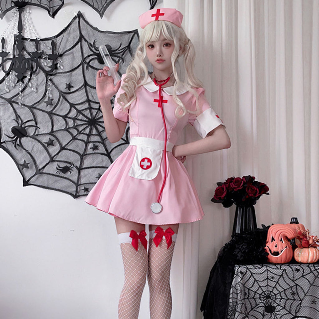 ナース コスプレ ハロウィン レディース ピンク ワンピース 着用画像